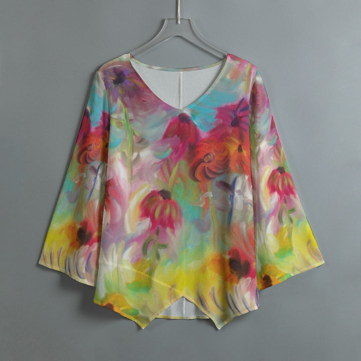 Women's V-neck T-shirt With Irregular Hem Spring Flower design