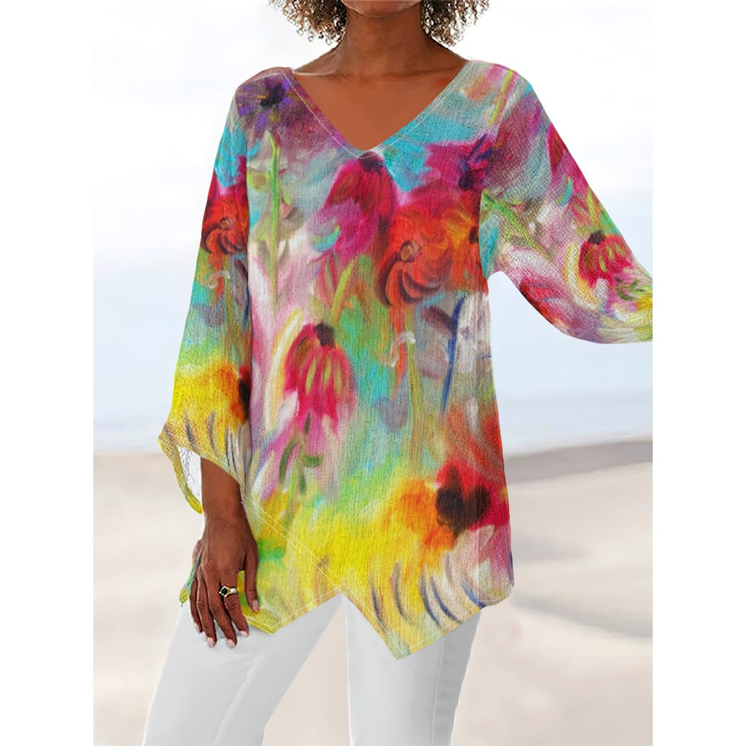 Women's V-neck T-shirt With Irregular Hem Spring Flower design