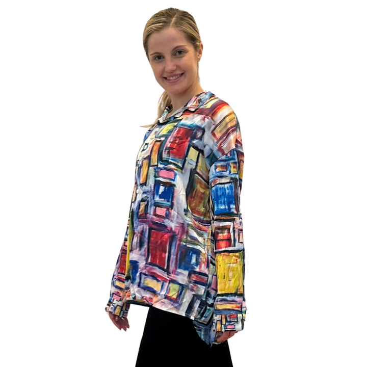 Women's Satin Shirt- "Shapes of Primary colors"