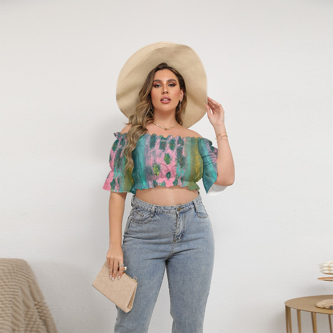 Women's Off-shoulder Cropped Top With Short Puff Sleeve- Pink