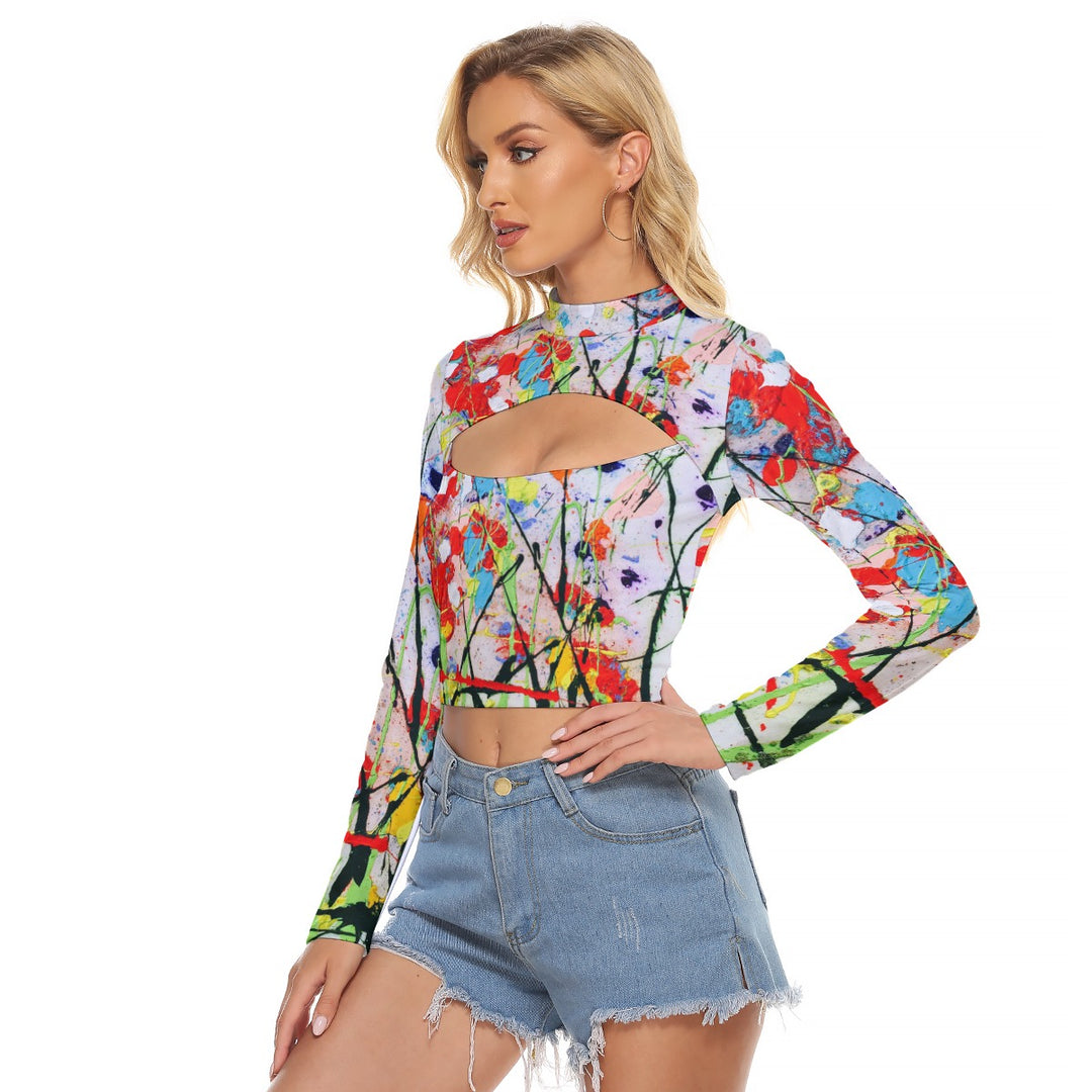 Women's Hollow Chest Keyhole Tight Crop Top- Red