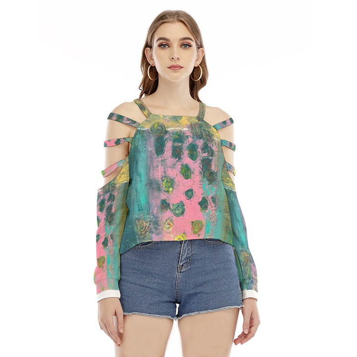 Women's Sweatshirt With Shoulder Hollow shoulder Strap- Pink