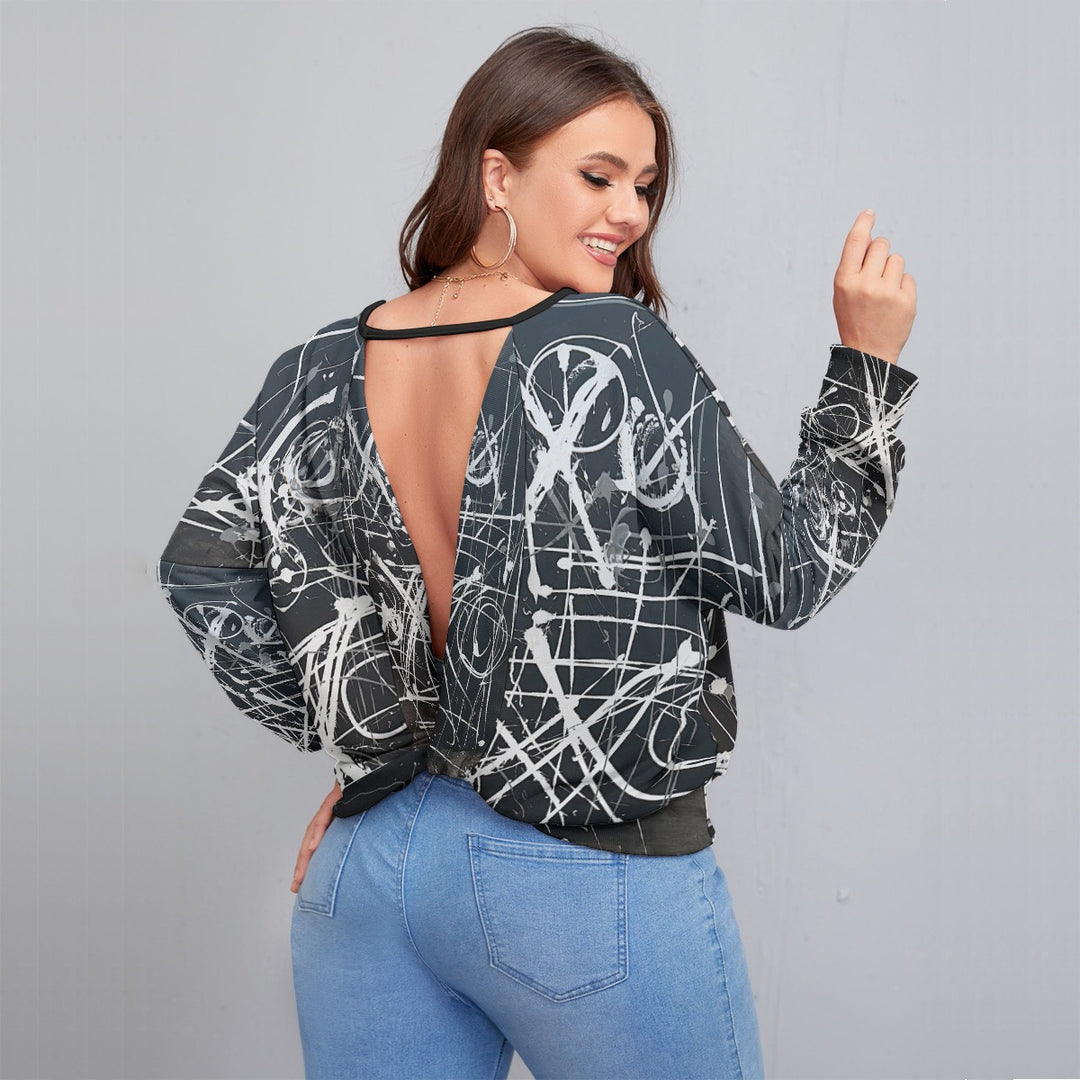 Women's Backless Sweatshirt With Bat Sleeve(Plus Size)- Black