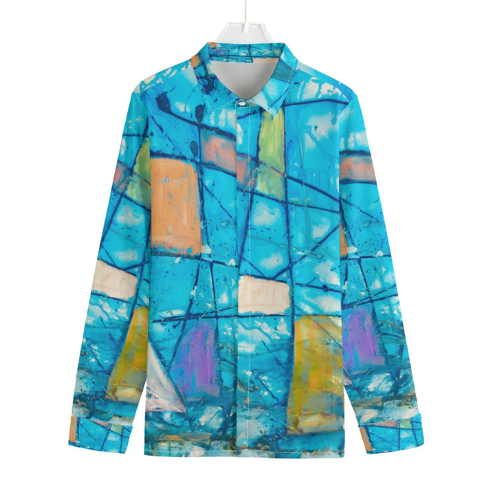 Men's Lapel Collar Shirt With Concealed Placket- Blue