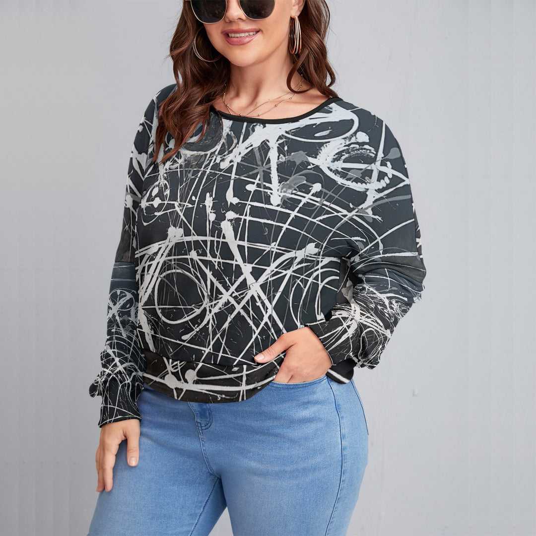 Women's Backless Sweatshirt With Bat Sleeve(Plus Size)- Black