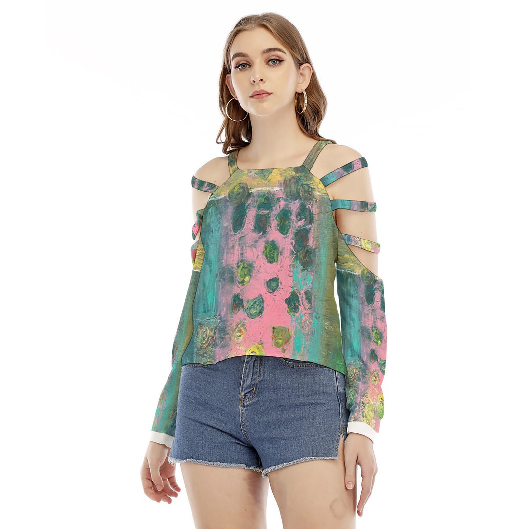 Women's Sweatshirt With Shoulder Hollow shoulder Strap- Pink