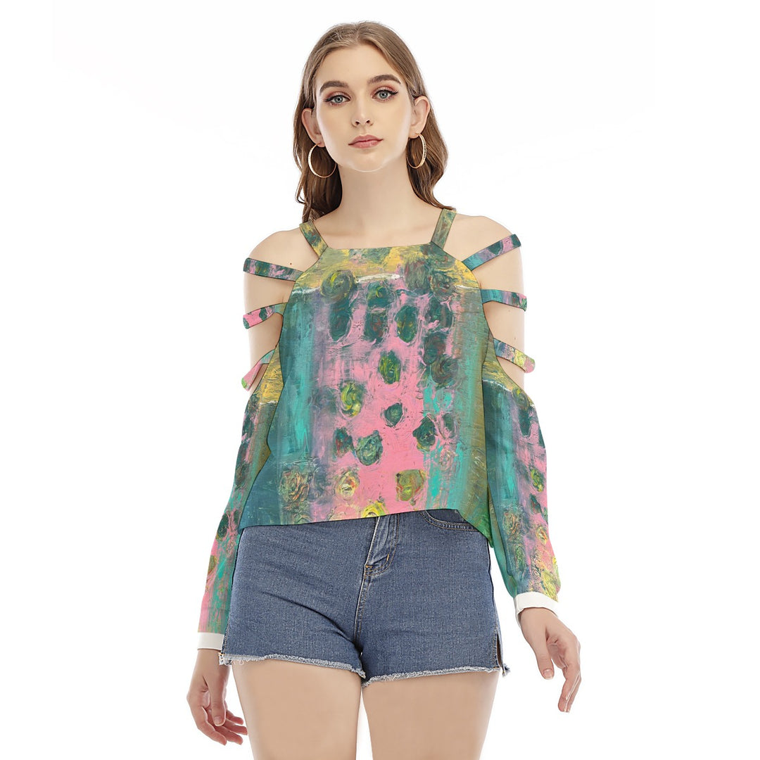 Women's Sweatshirt With Shoulder Hollow shoulder Strap- Pink