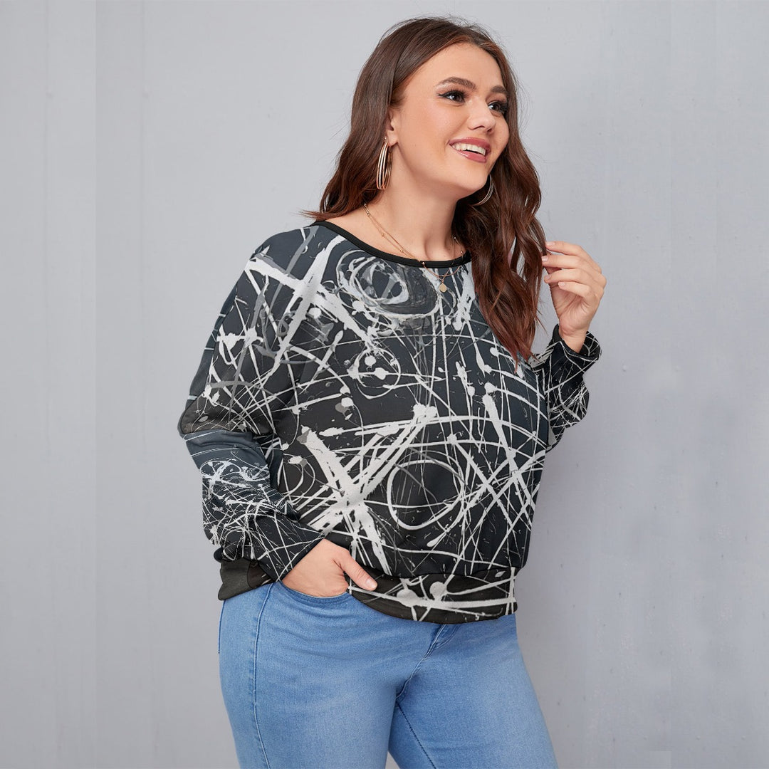 Women's Backless Sweatshirt With Bat Sleeve(Plus Size)- Black