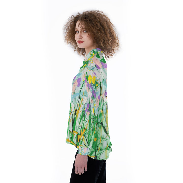 Women's Satin Shirt Soft Yellow Purple Garden design