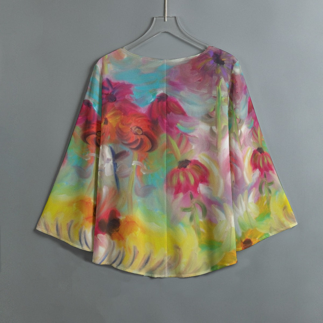 Women's V-neck T-shirt With Irregular Hem Spring Flower design