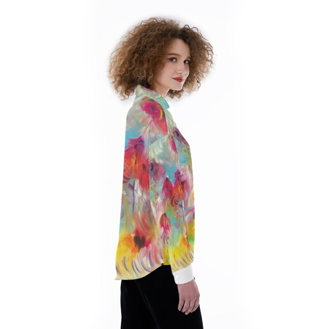 All-Over Print Women's Satin Shirt Spring Flower Design