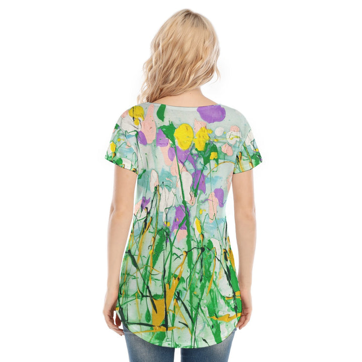 V-neck Short Sleeve T-shirt Soft Garden in Purple & Yellow