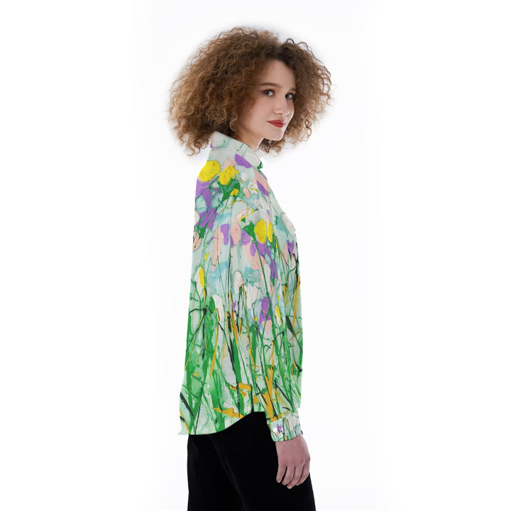 Women's Satin Shirt Soft Yellow Purple Garden design