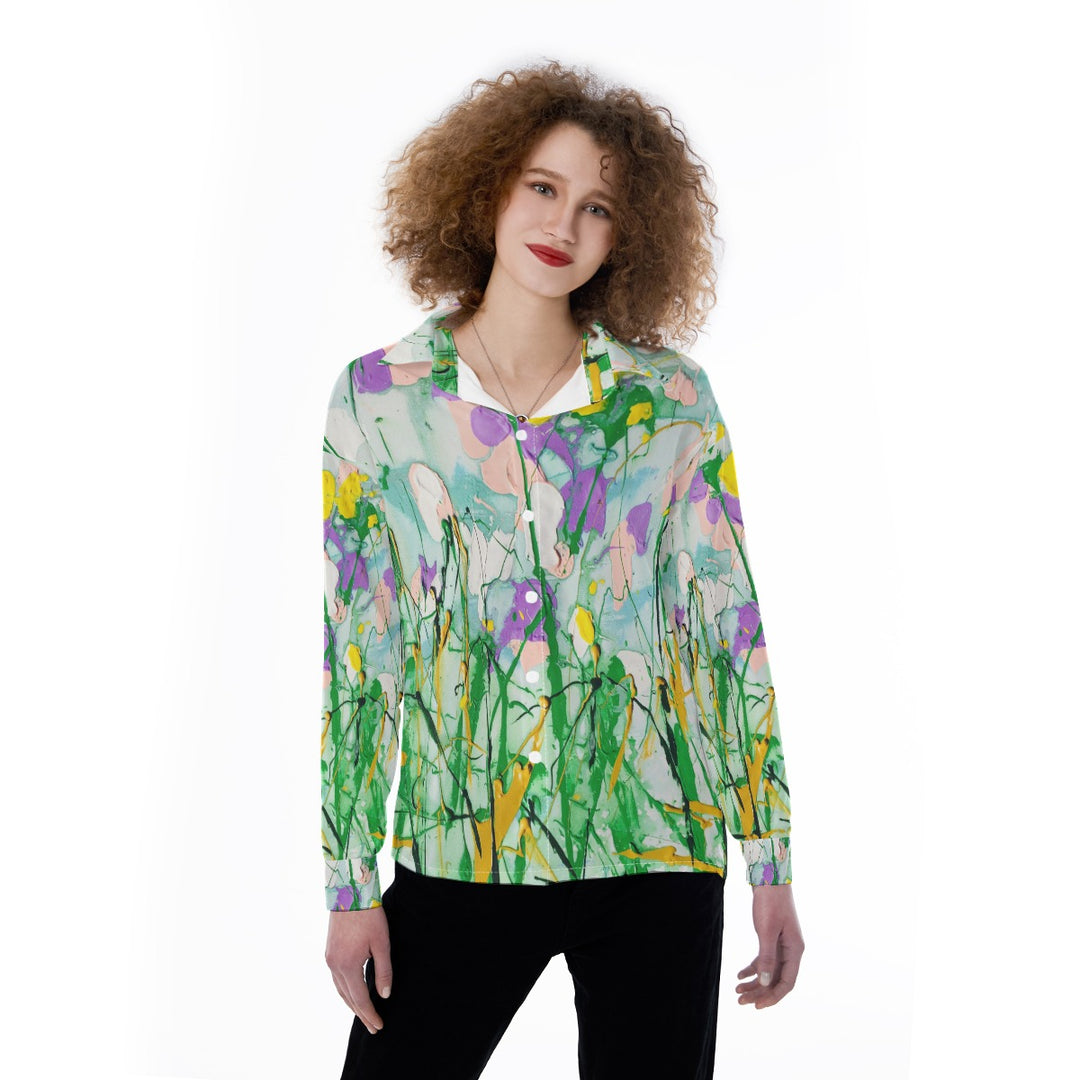 Women's Satin Shirt Soft Yellow Purple Garden design