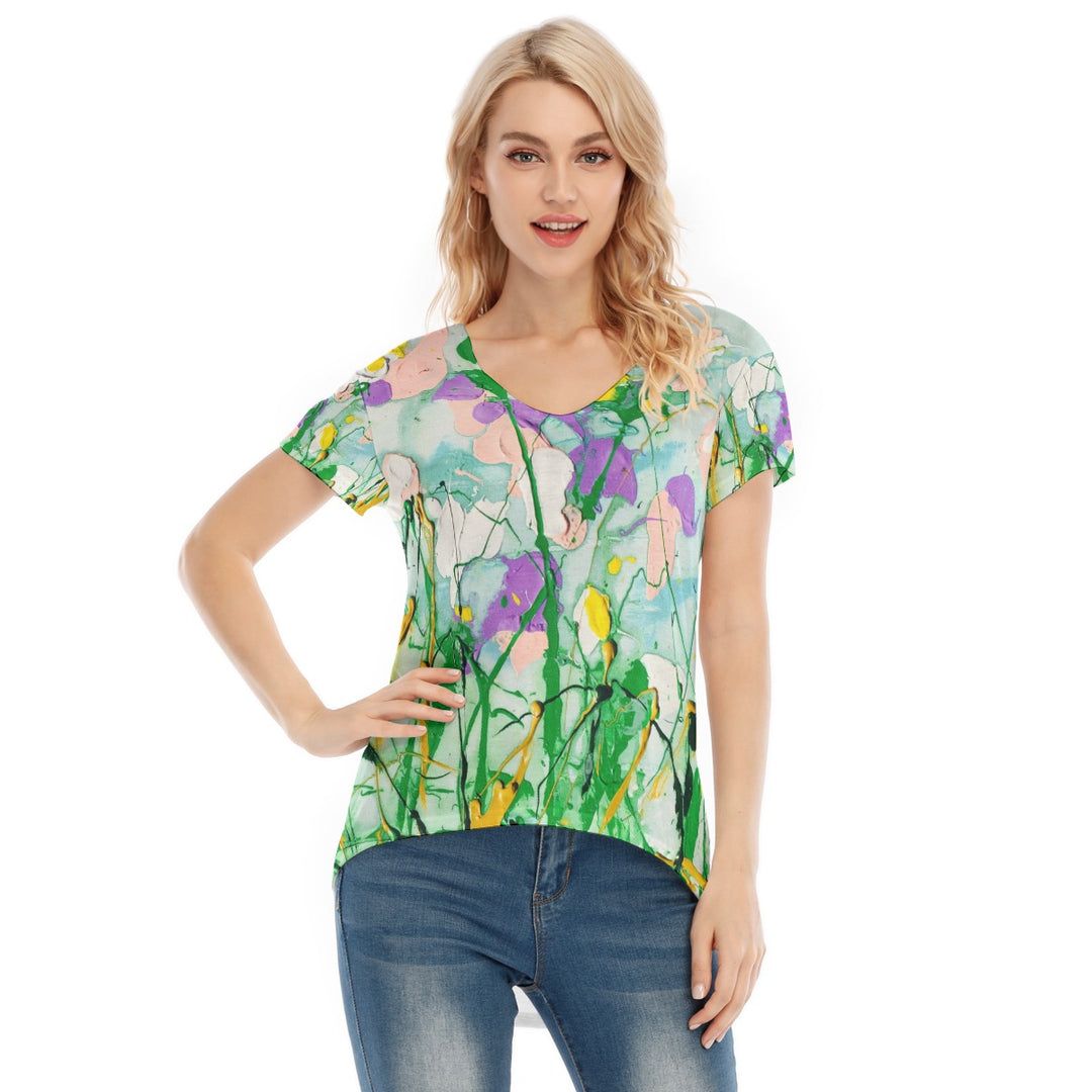 V-neck Short Sleeve T-shirt Soft Garden in Purple & Yellow