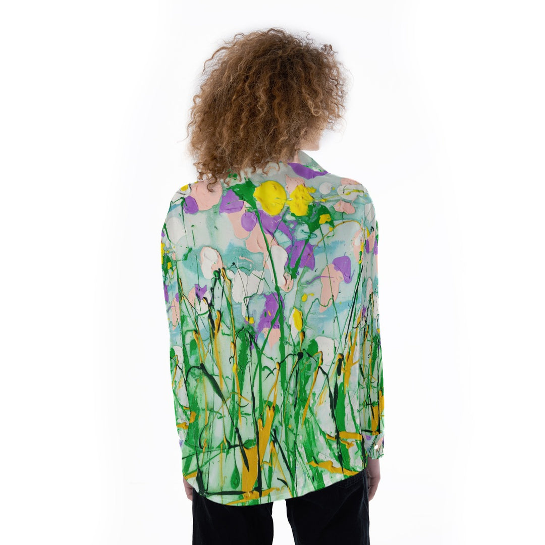 Women's Satin Shirt Soft Yellow Purple Garden design