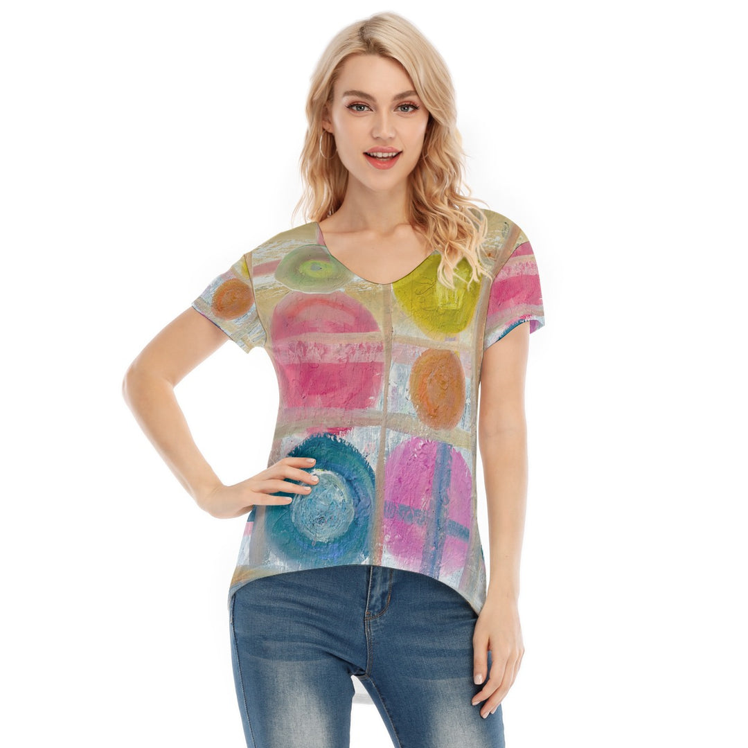Women's V-neck Short Sleeve T-shirt Abstracted spring colors design