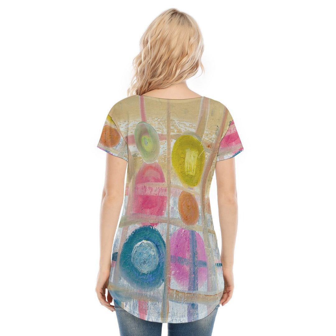 Women's V-neck Short Sleeve T-shirt Abstracted spring colors design