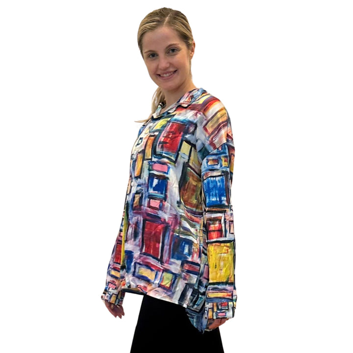 Women's Satin Shirt- "Shapes of Primary colors"