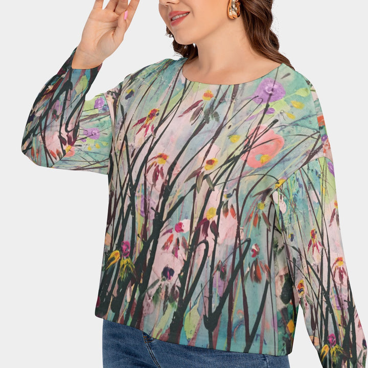 Women's Drop-shoulder Imitation Knitted Sweater - Flower