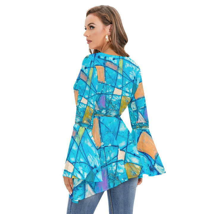 Women's V-neck Blouse With Flared Sleeves- Bluev