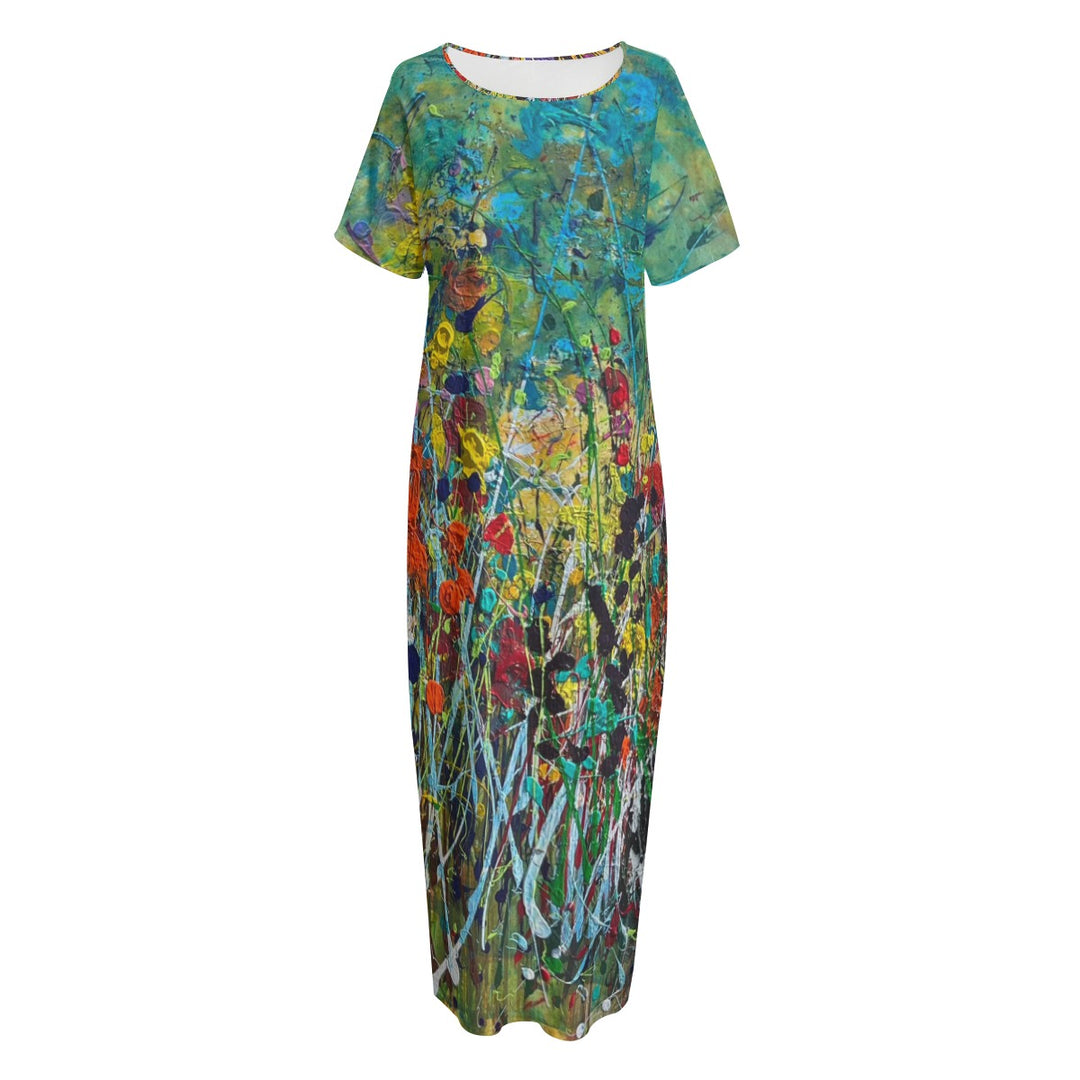 Women's Night Long Dress With Pocket- multicolor