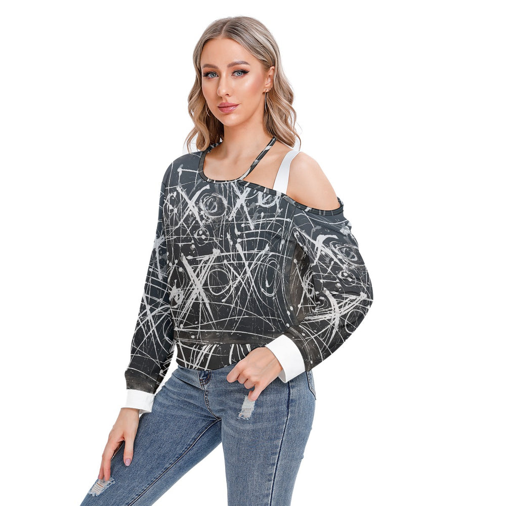Women's One-shoulder Cut O-neck Sweatshirt- Black
