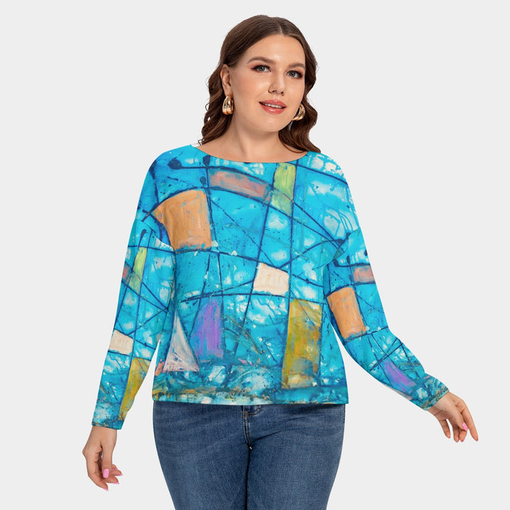 Women's Drop-shoulder Imitation Knitted Sweater - Blue