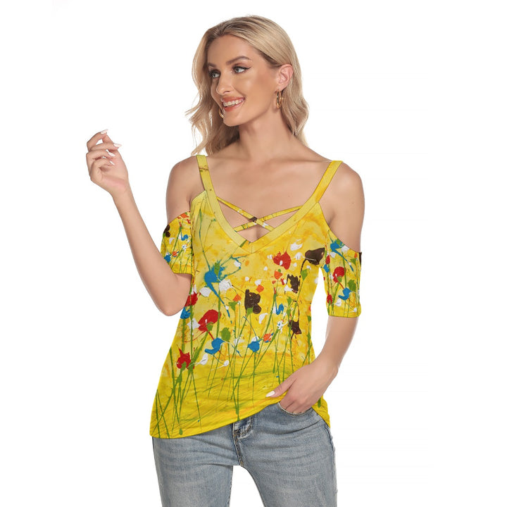 Women's Cold Shoulder T-shirt With Criss Cross Strips-Yellow