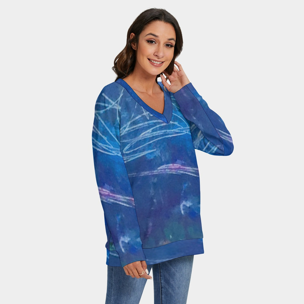 Women's V-neck Imitation Knitted Sweater With Long Sleeve- Blue