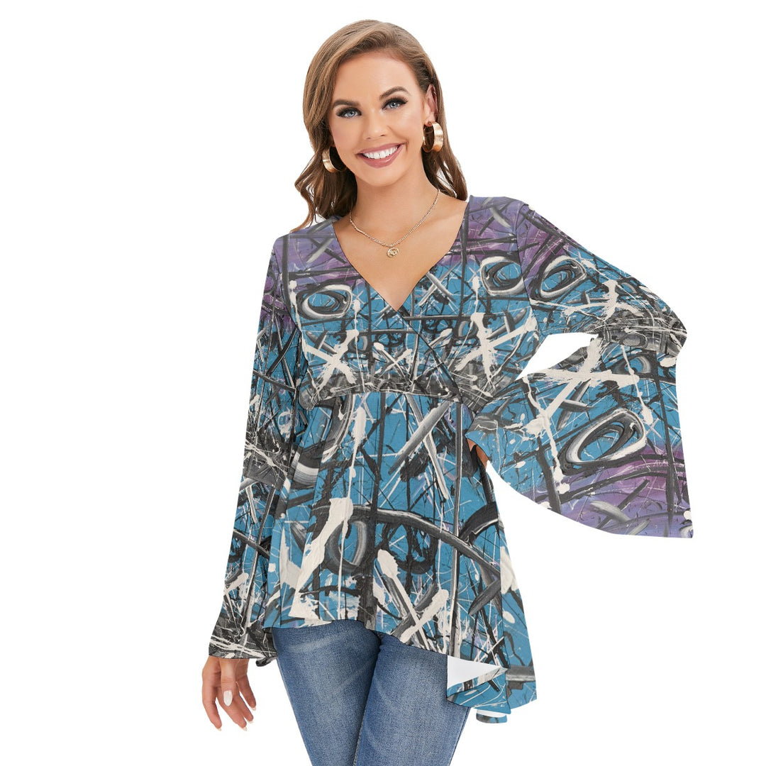 Women's V-neck Blouse With Flared Sleeves-Gray