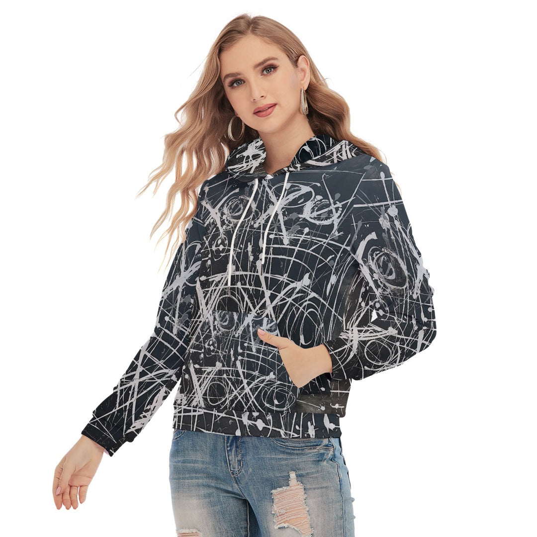 Women's Pullover Hoodie With Drawsting- Black