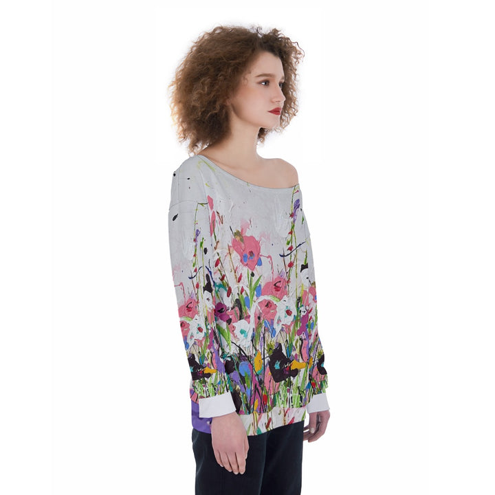 Women's Off-Shoulder Sweatshirt- Flower Design