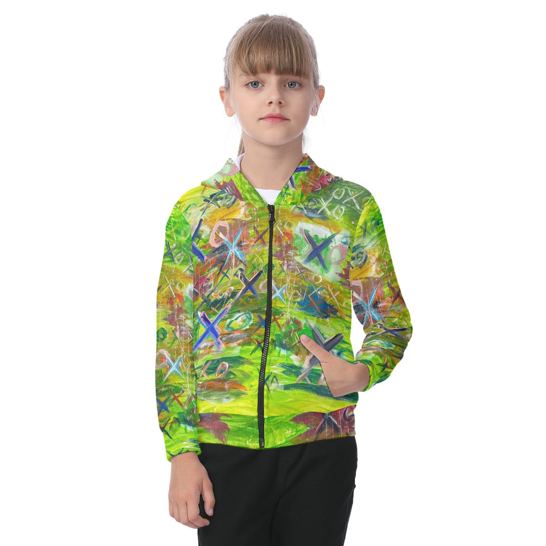 Kid's Zip-up Hoodie With Patch Pocket- Green