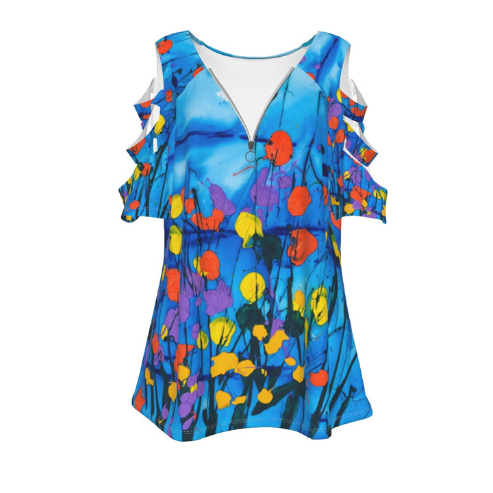 Casual Top with Petal Short Sleeve- Blue