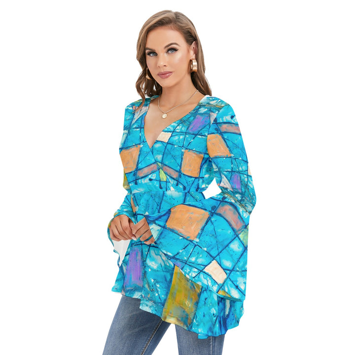 Women's V-neck Blouse With Flared Sleeves- Blue