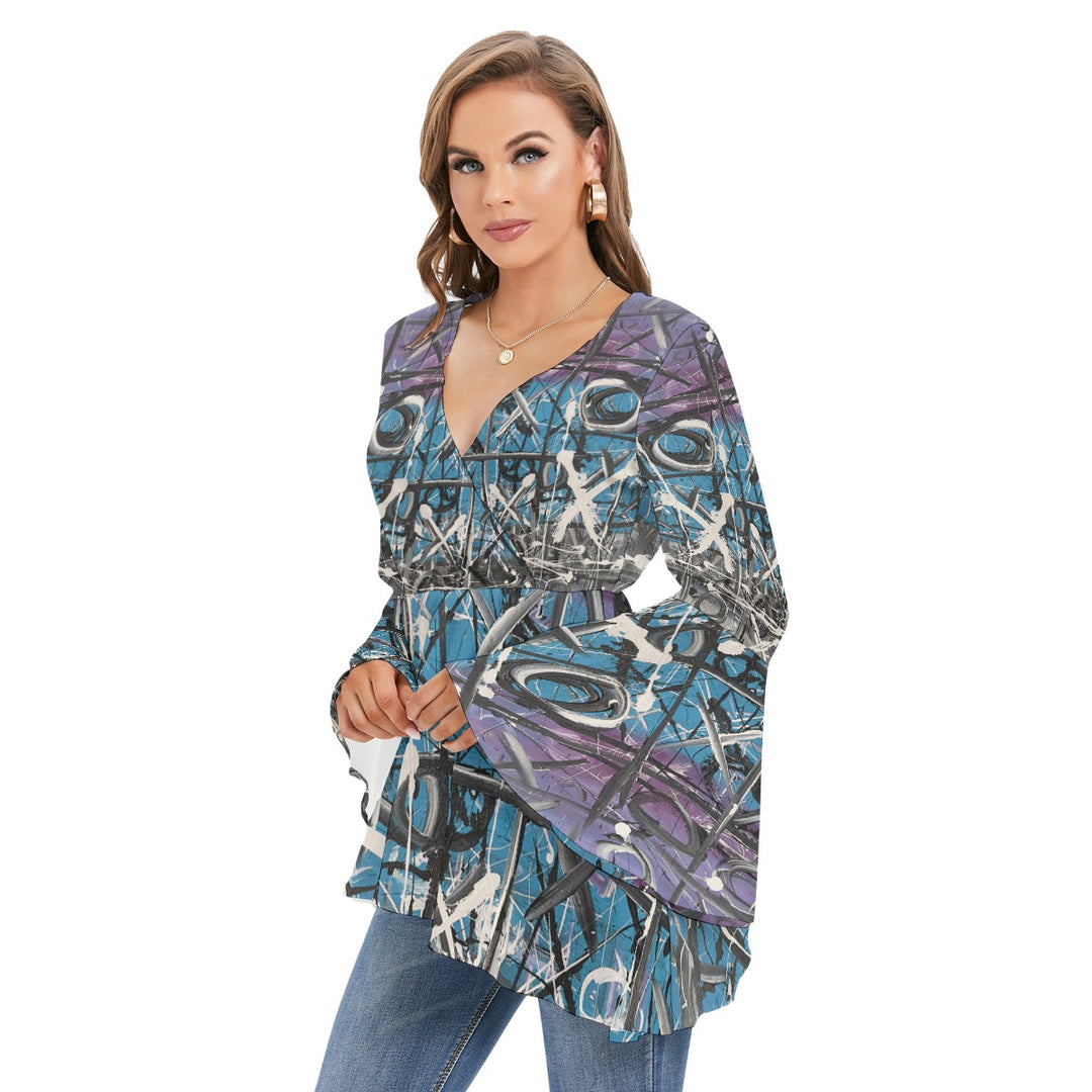 Women's V-neck Blouse With Flared Sleeves-Gray